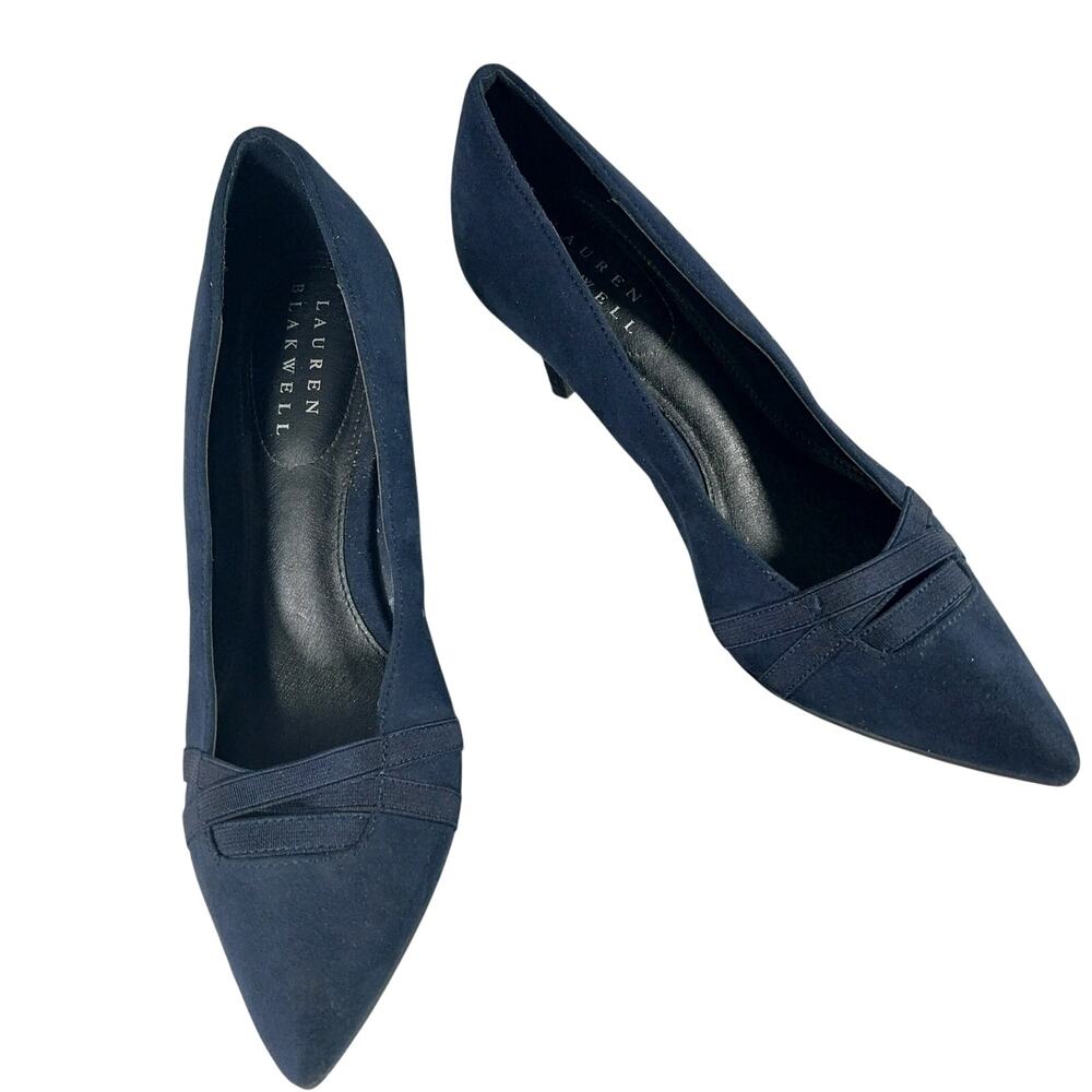 LAUREN BLACKWELL! NAVY BLUE VEGAN SUEDE LEATHER POINTY TIE STILETTO HEELS! SZ 7M